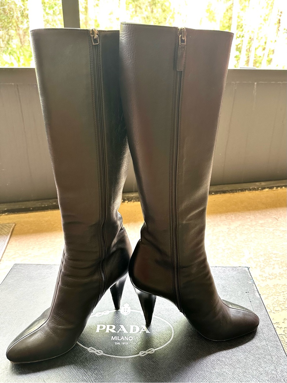 Prada Black Leather Knee-High Heeled Boots